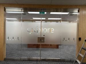 Frosted glass privacy film on office glazing in Calgary
